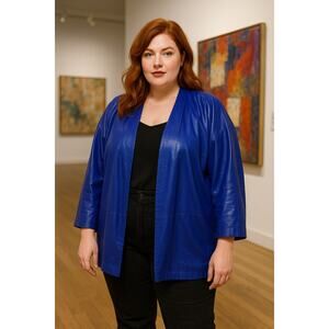 Vintage Ruth Wagner Genuine Leather Jacket Blue Kimono Dolman Sleeve M/L USA